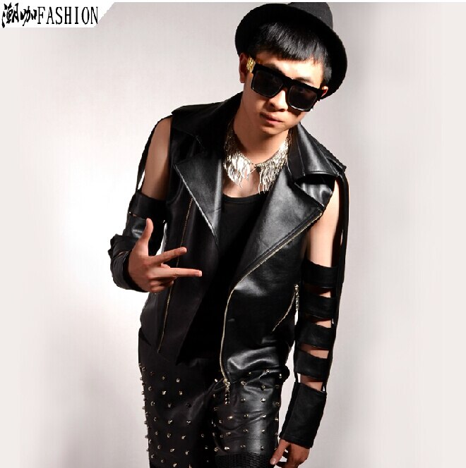 S-4XL 남성 브랜드 가수 의상 무대 펑크 가죽 슬리브 중공 무대 공연 한국 남성 의류 재킷 코트